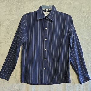 Jones Wear Sport Women's Sz 6 Navy Pinstripe Blouse cotton long sleeve career